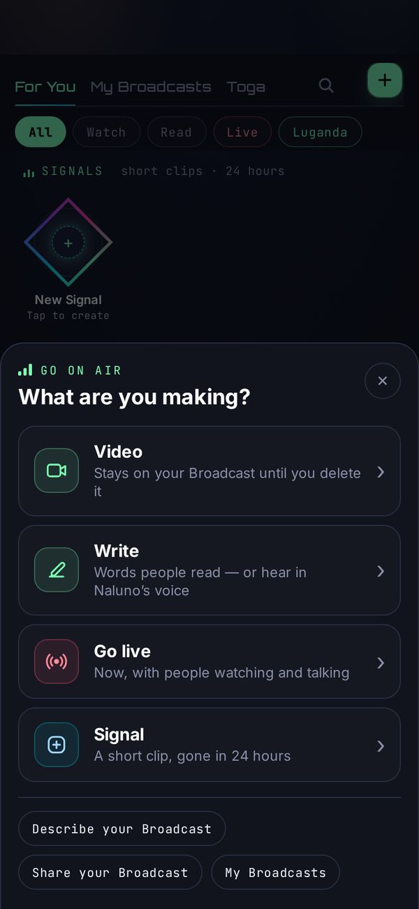 Naluno's menu for making a video, writing, going live or posting a short clip.