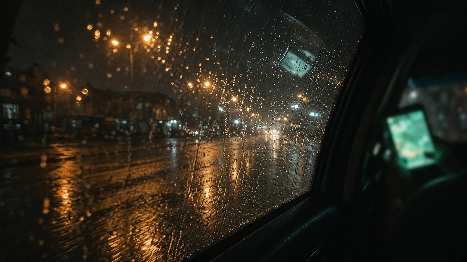 Night rain on a city street, a phone glow on the glass